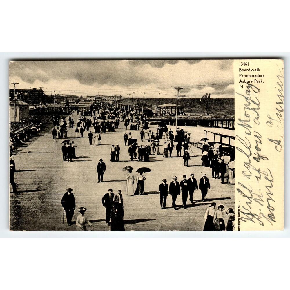 Vintage Postcard Asbury Park NJ Boardwalk People Promenaders 1907 Mailed Antique
